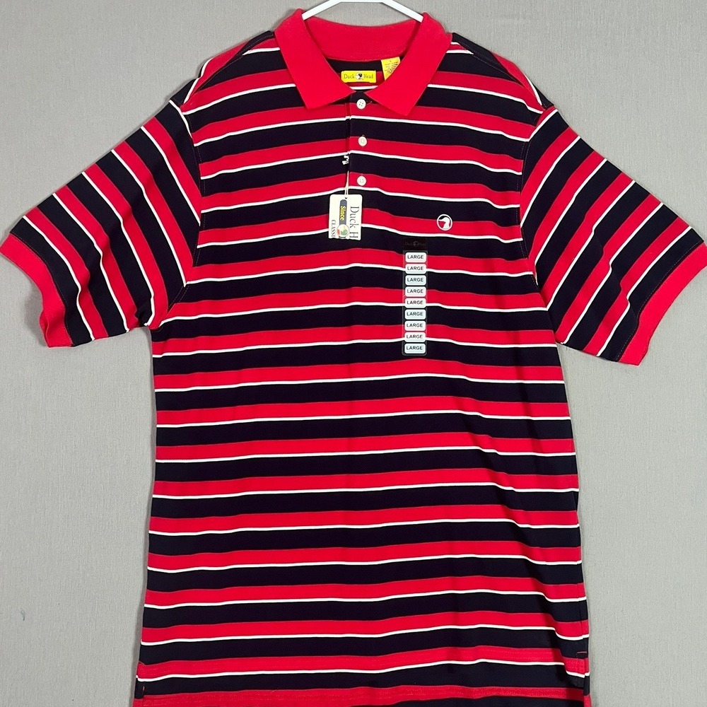 Vintage Duck Head Polo Shirt Large Cotton Striped Red Navy NEW